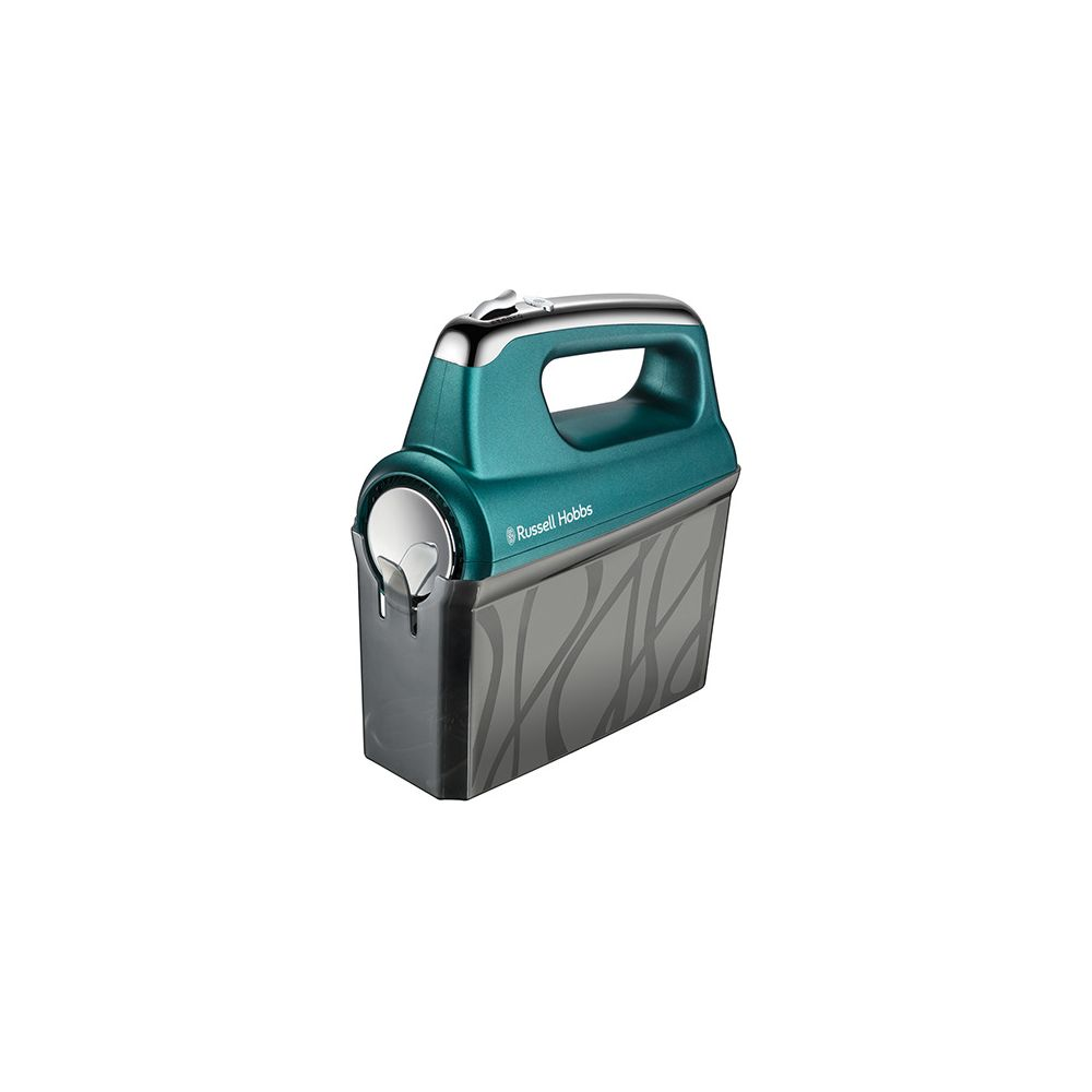 A teal hand mixer with a silver handle, set against a white background.