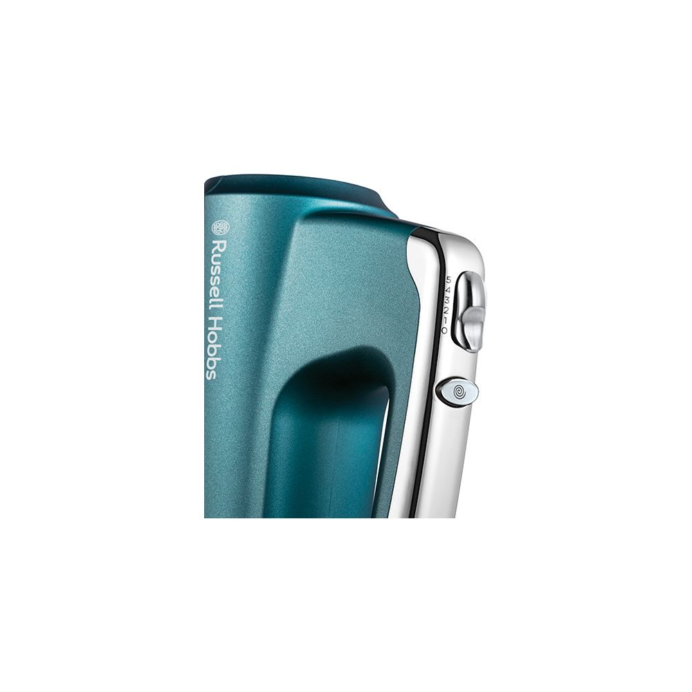 Teal Russell Hobbs hand mixer with chrome accents and speed dial. Close up.