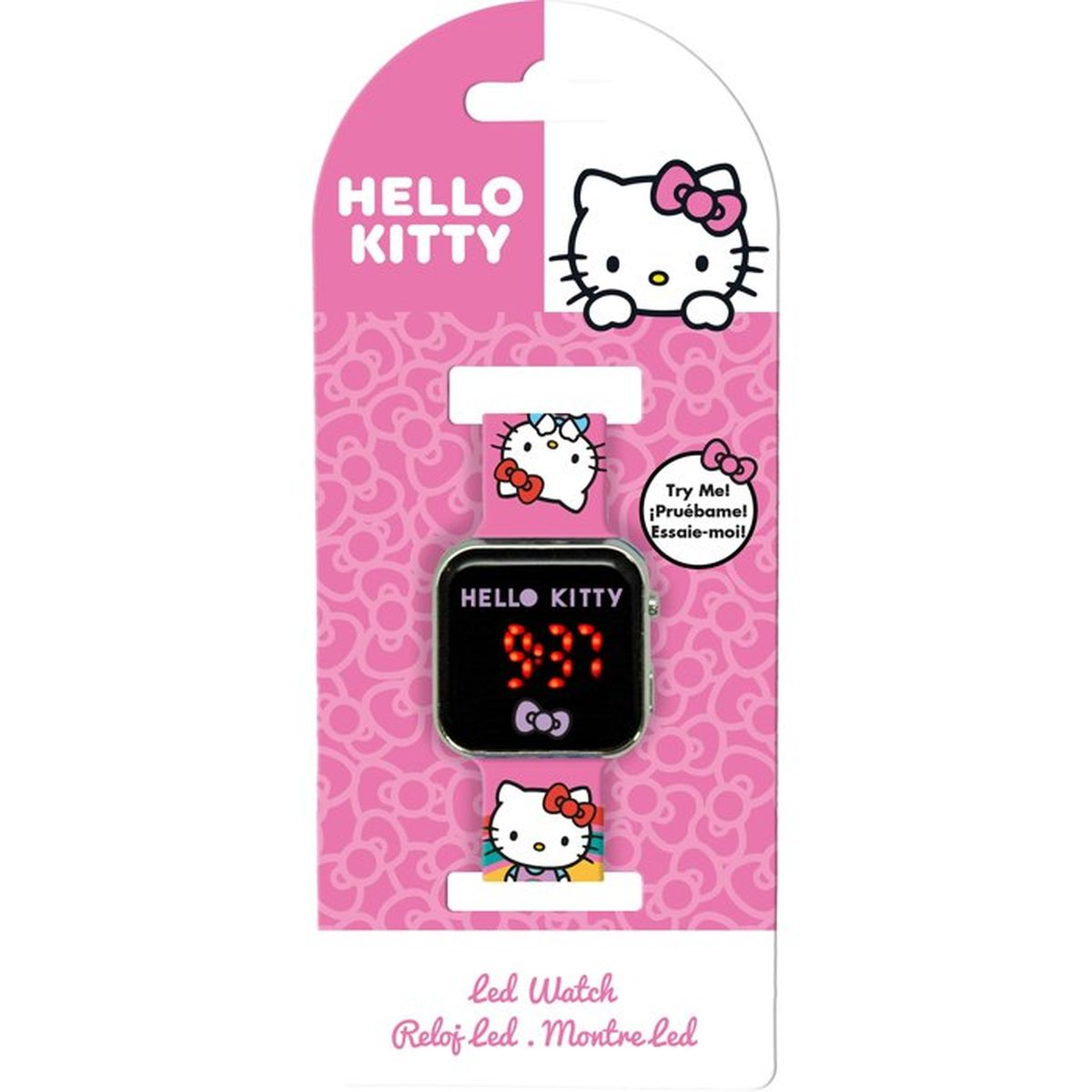 Eine Hello Kitty LED-Uhr in rosa Verpackung mit Hello Kitty-Motiven.