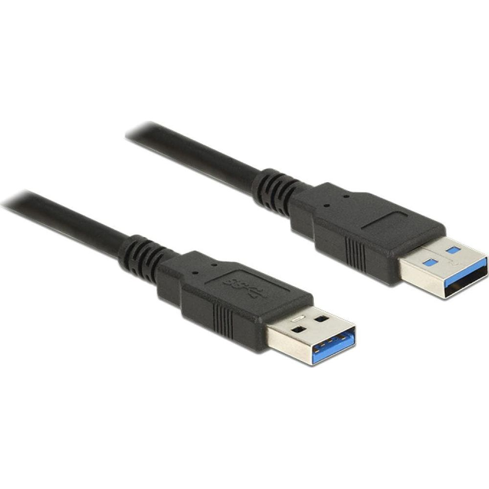 Twee zwarte USB 3.0 kabels met blauwe connectoren op witte achtergrond.