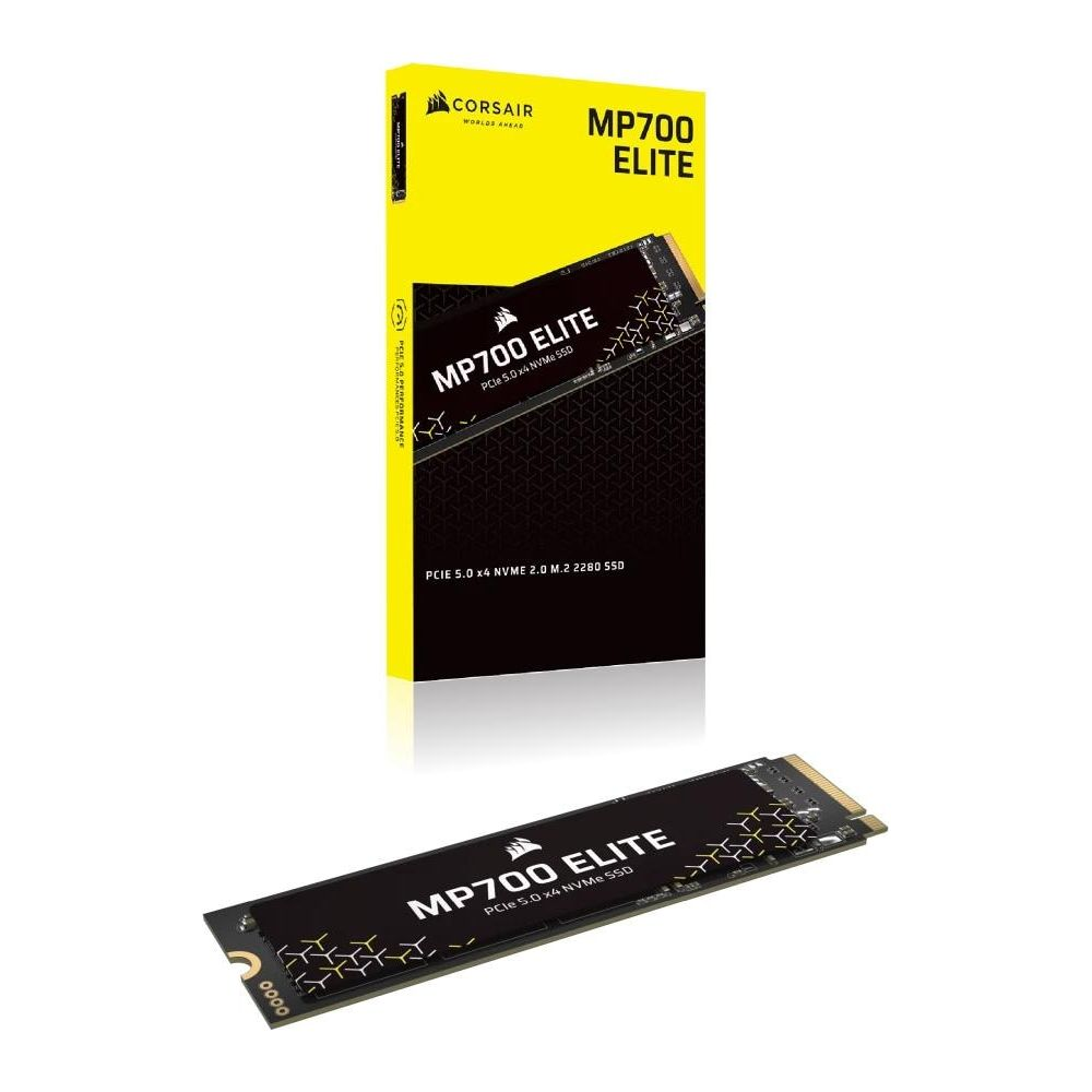 SSD Corsair MP700 Elite y su embalaje. SSD negra con letras blancas.