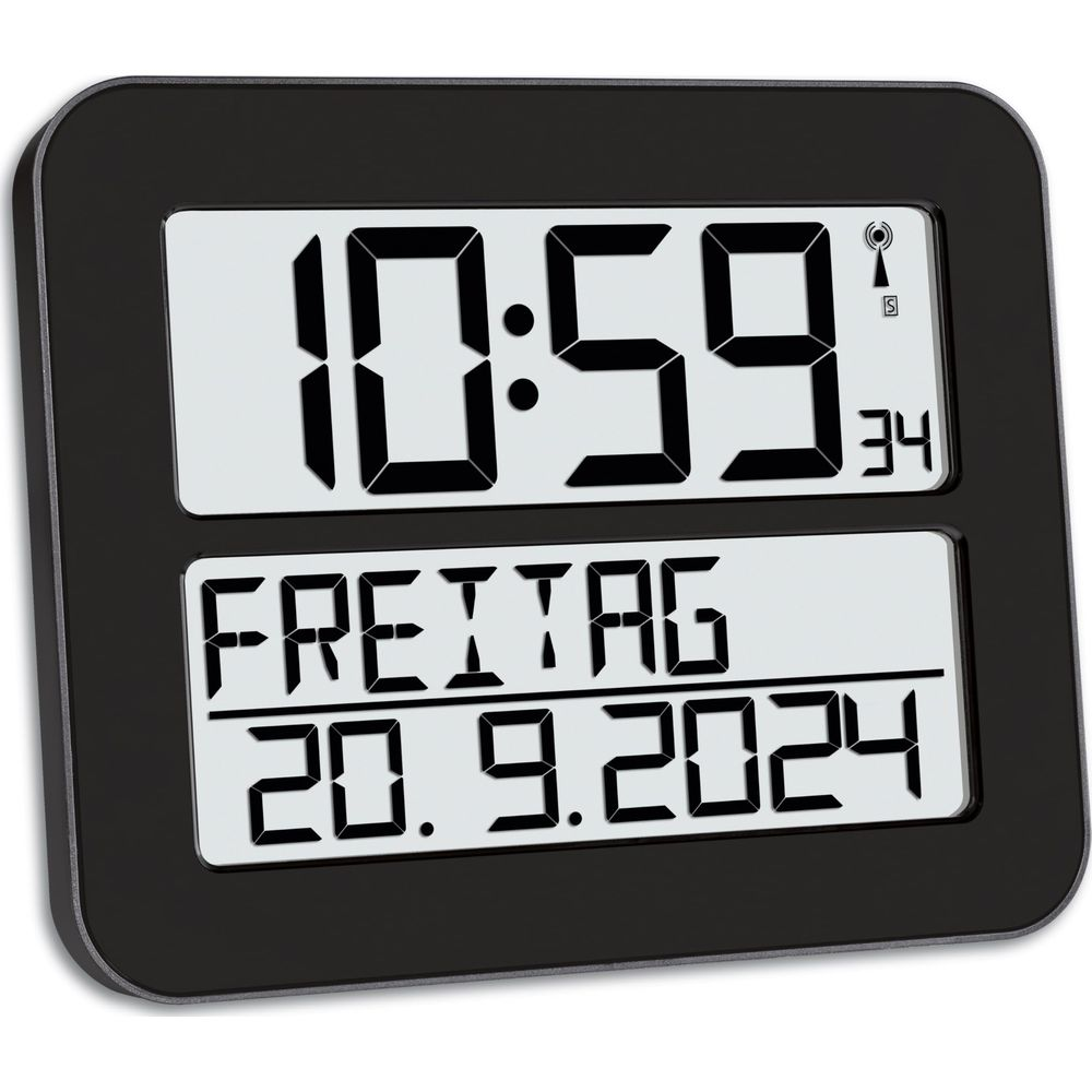 Schwarzer Digitalwecker zeigt 10:59 und Freitag, 20.9.2024.