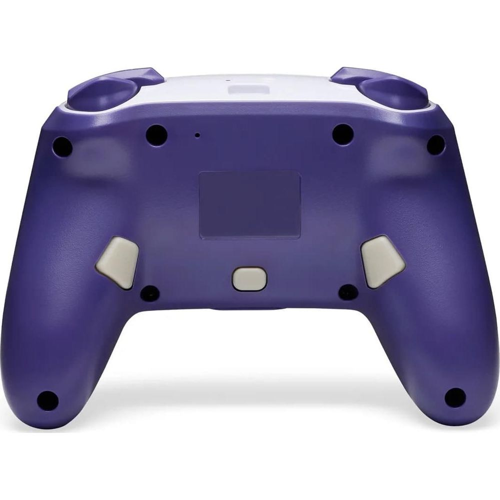 Lila und weiße Controller-Rückseite mit vier Knöpfen und einem rechteckigen Feld.