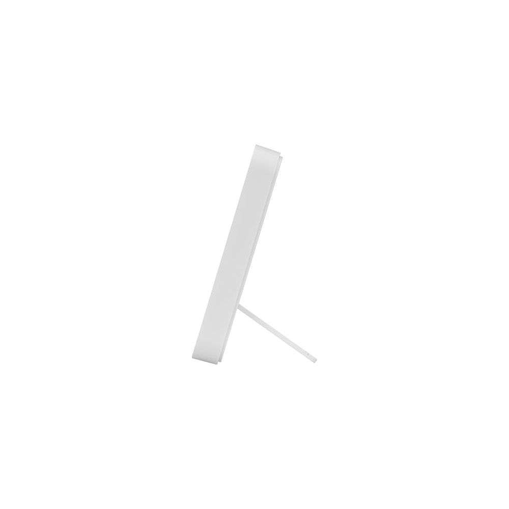 Un marco rectangular blanco con un soporte, visto de lado.