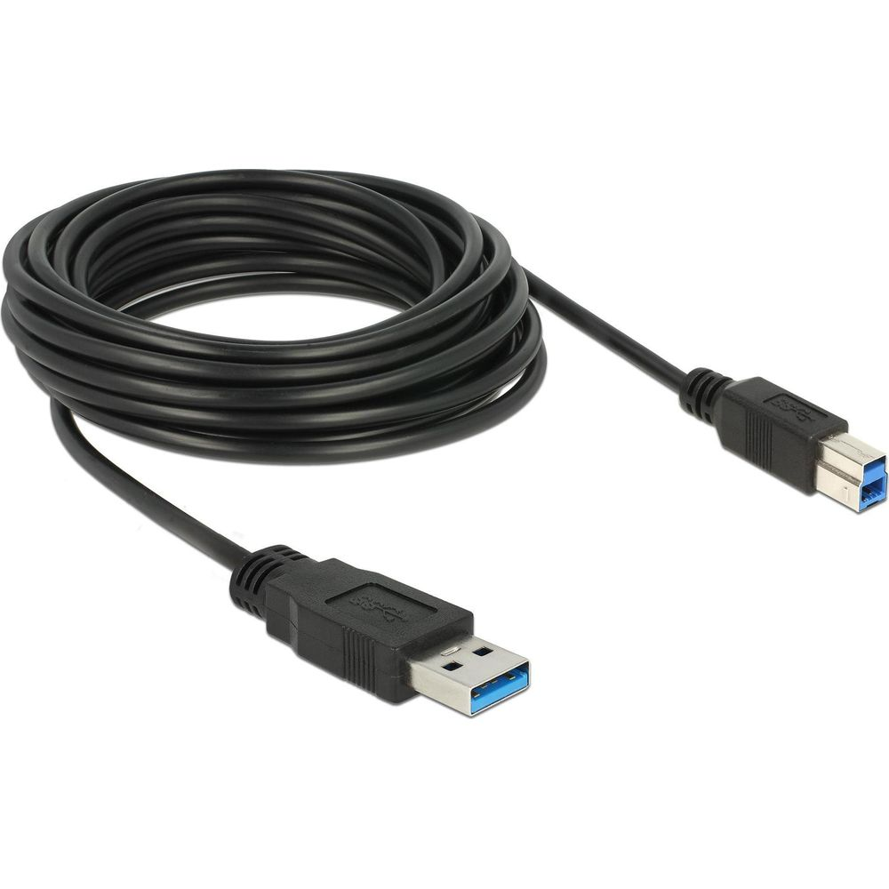 Zwarte USB-kabel met blauwe Type-A en Type-B connectoren, opgerold.