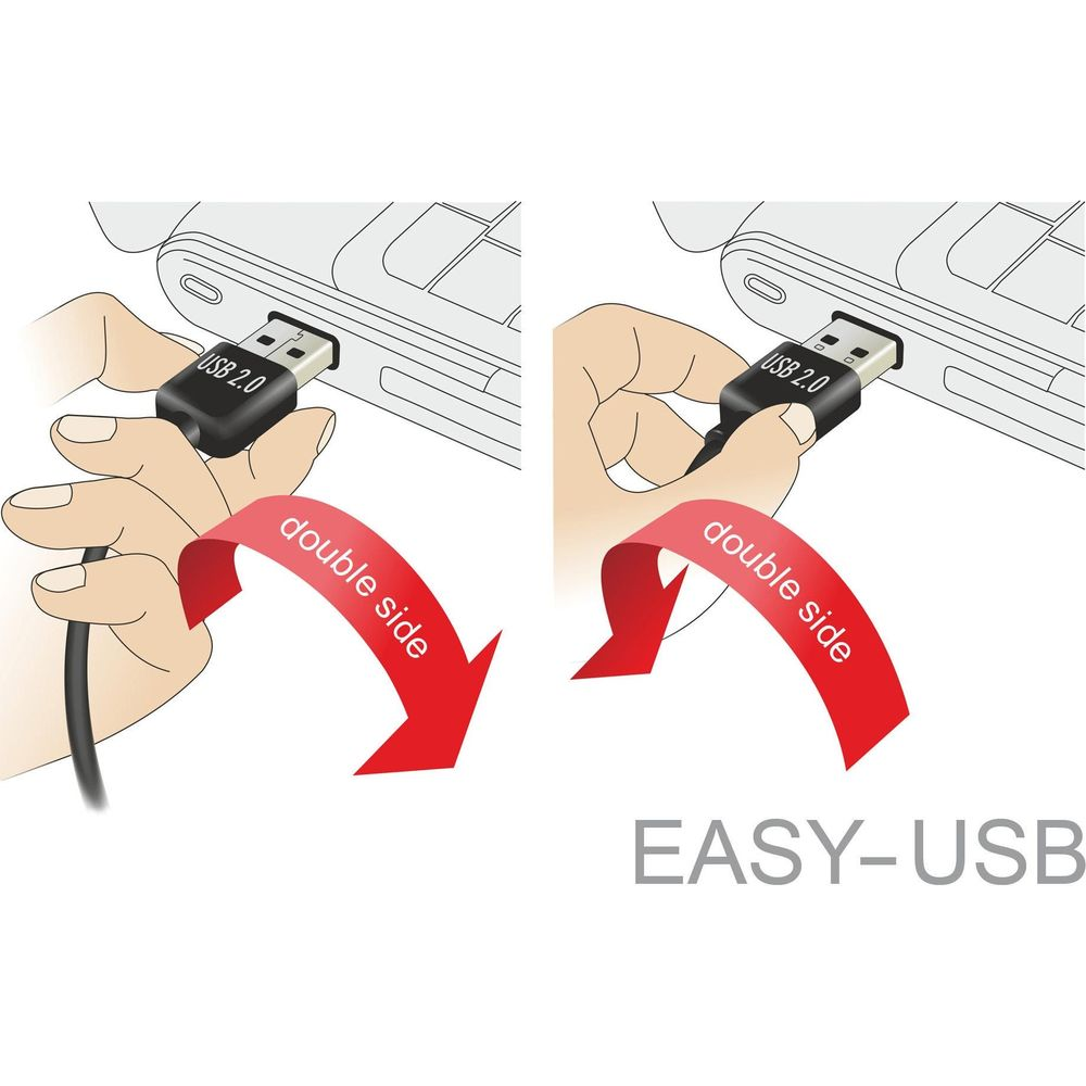 Une main insère une prise USB 2.0 dans un ordinateur portable. Double face.