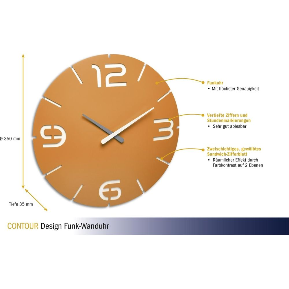 Orange Wanduhr mit weißen Ziffern und Zeigern, Ø 350 mm.