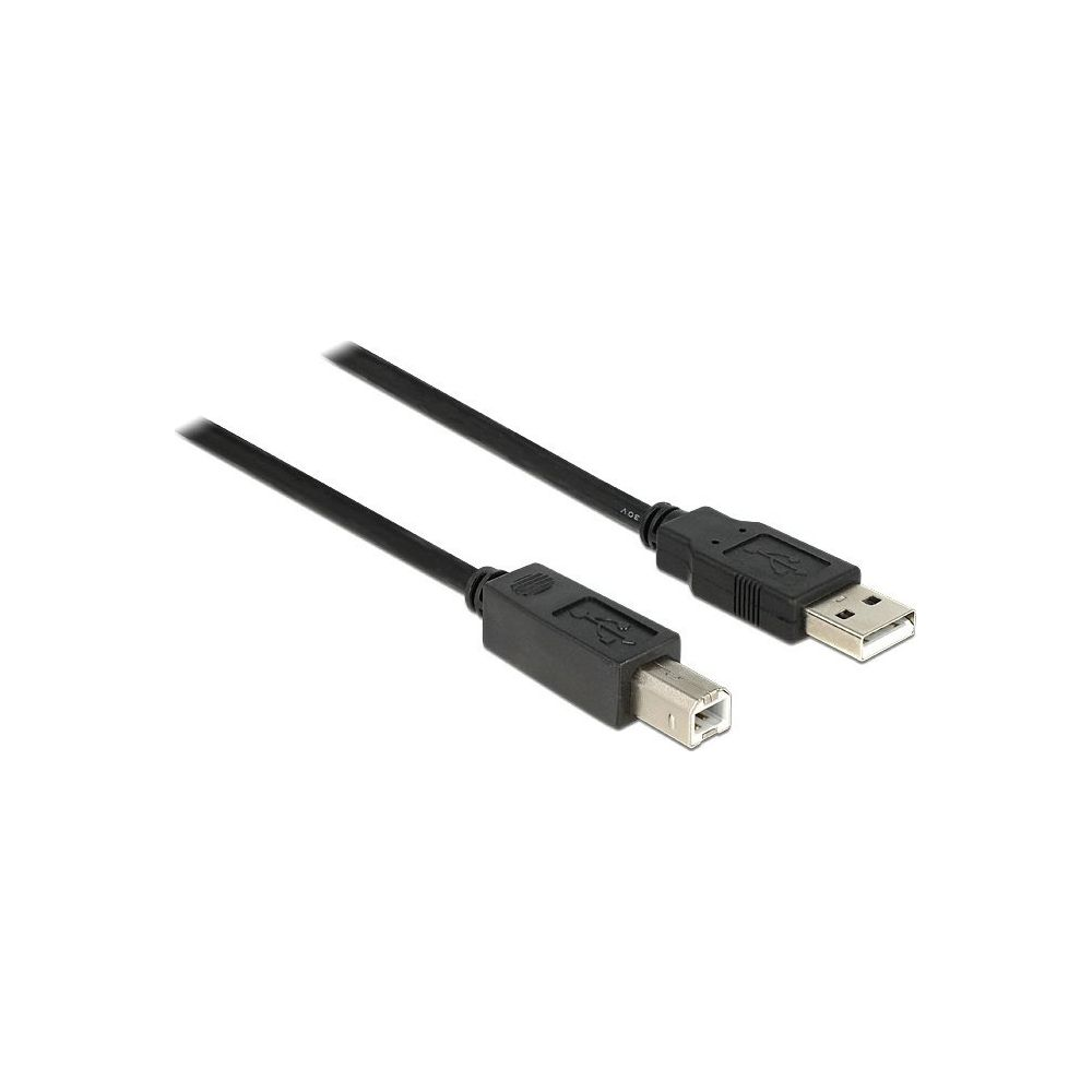 Een zwarte USB-kabel met standaard A- en B-connectoren op witte achtergrond.