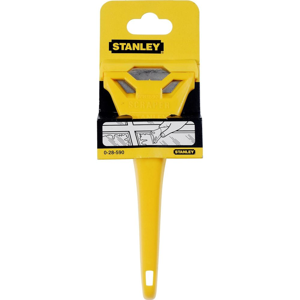 Gelber Stanley-Schaber mit schwarzem Griff und Produktinformationen auf der Verpackung.
