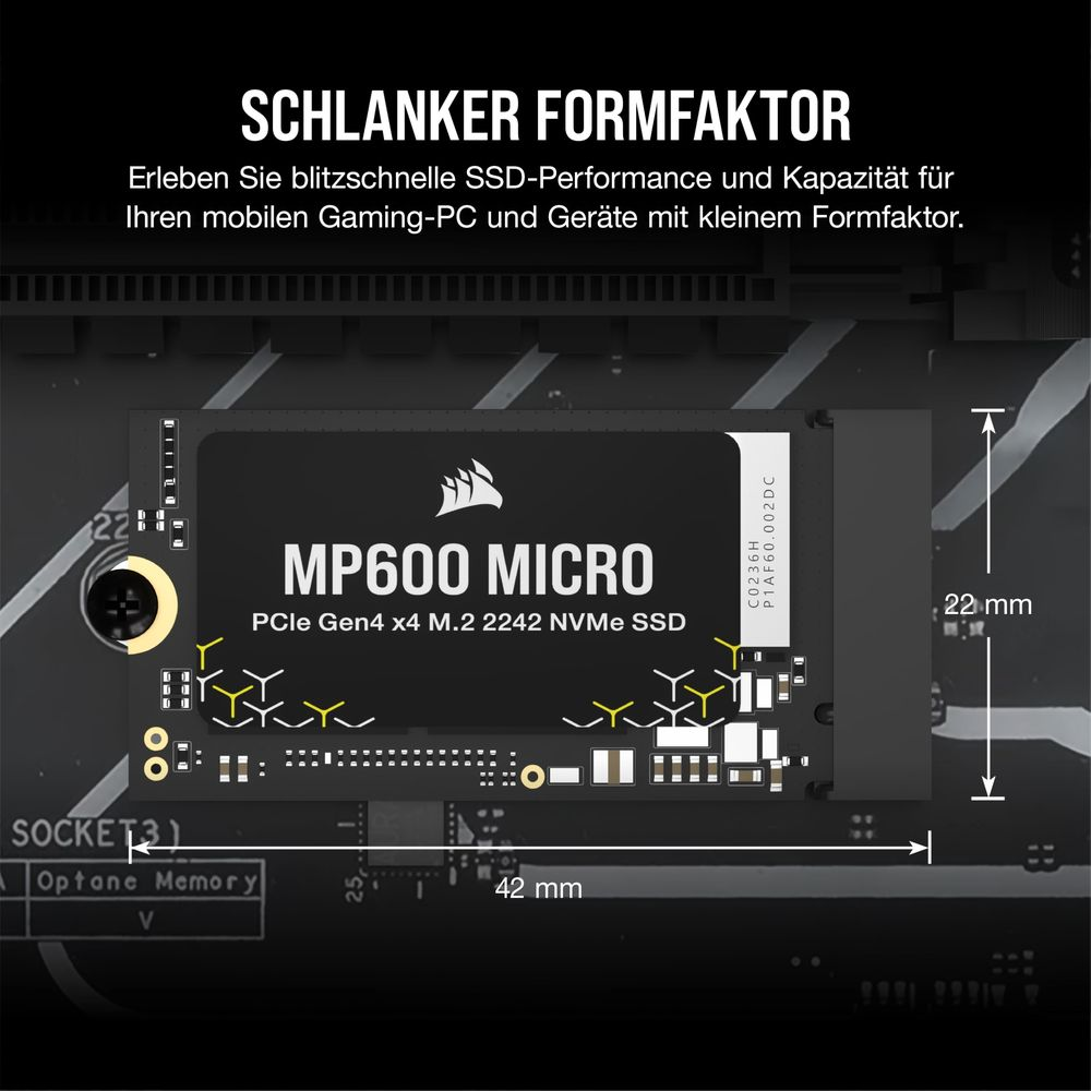 Dysk SSD NVMe MP600 MICRO na płycie głównej, 42mm x 22mm.