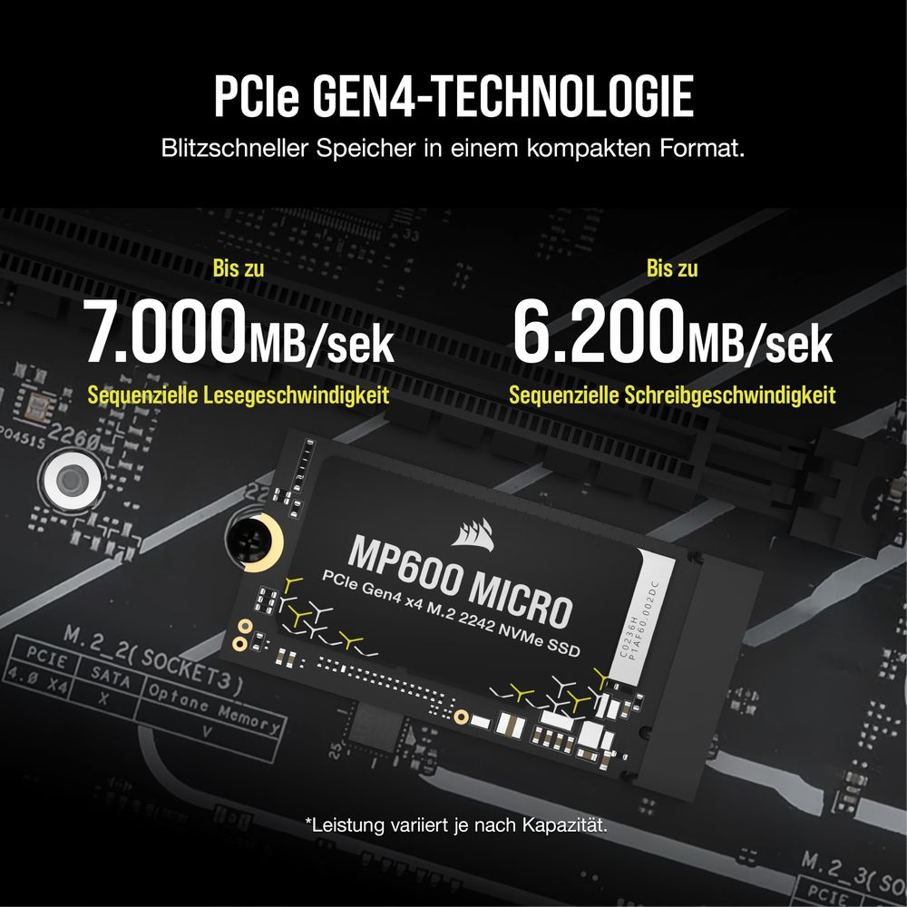 Dysk NVMe Corsair MP600 Micro z technologią PCIe Gen4 i prędkościami odczytu/zapisu.
