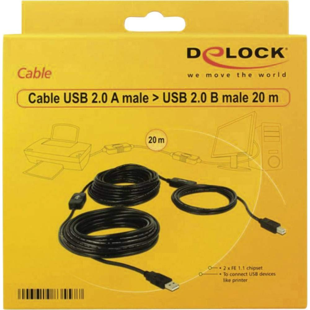 Verpackung für ein 20m USB 2.0 Kabel (A auf B) mit Drucker- und Computerabbildung.