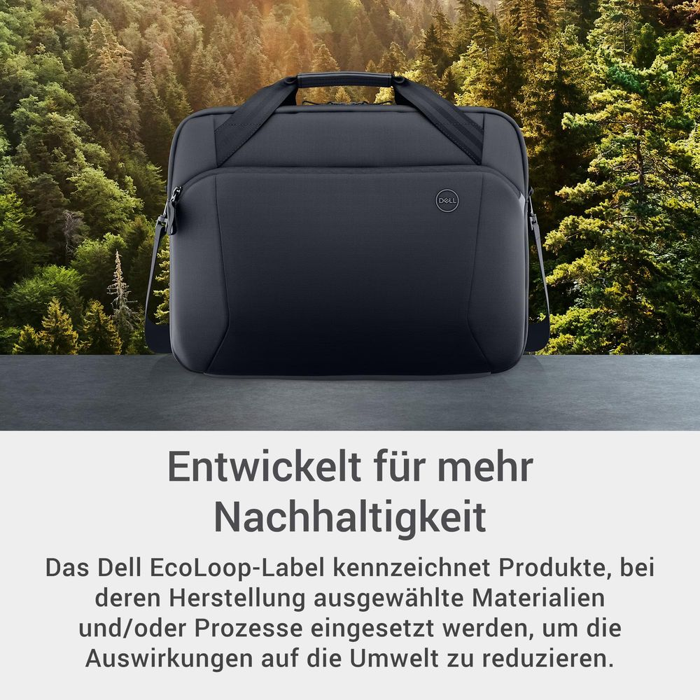 Una borsa nera per laptop Dell è posta davanti a una foresta con luce solare.