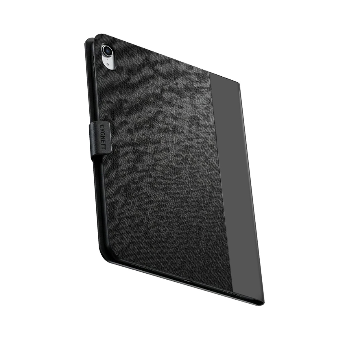 Tablet nero con copertina apribile, logo sul lato sinistro.