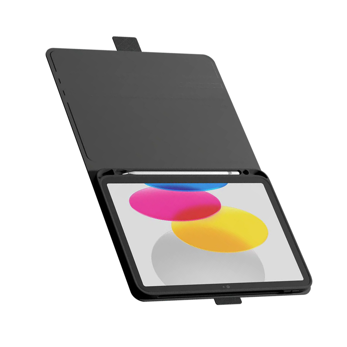 Un tablet nero con custodia è aperto, mostra uno schermo colorato. Uno stilo riposa sopra.
