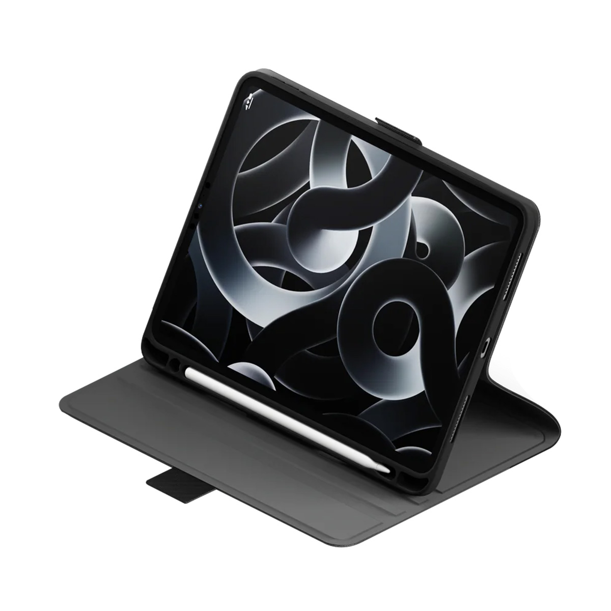 Un tablet nero con stilo in una custodia a libro grigia su sfondo bianco.