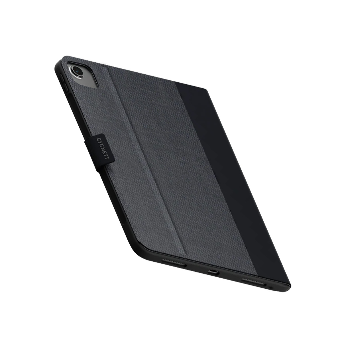 Custodia grigia per tablet con cinturino nero e logo, su sfondo bianco.