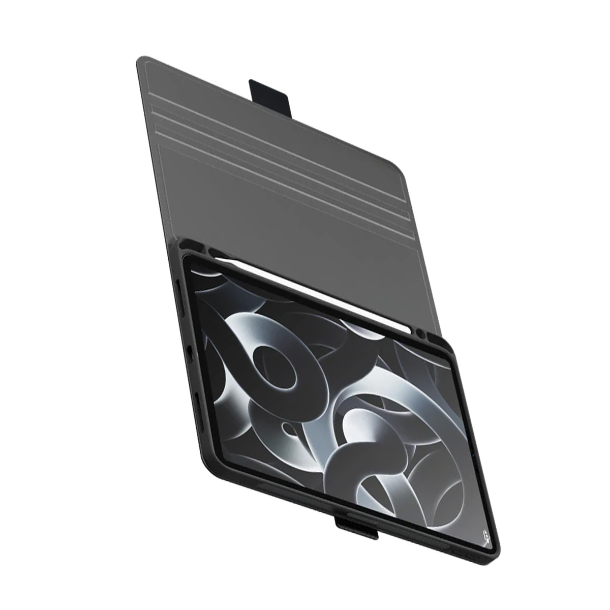 Una custodia scura per tablet aperta, rivela lo schermo con un design astratto.