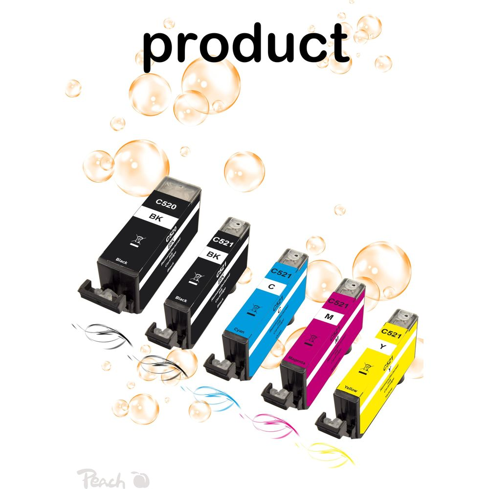 Pięć wkładów atramentowych: dwa czarne, jeden cyjan, jeden magenta, jeden żółty.