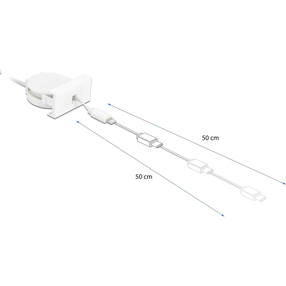 Un avvolgicavo bianco con cavo da USB-C a Lightning collegato.