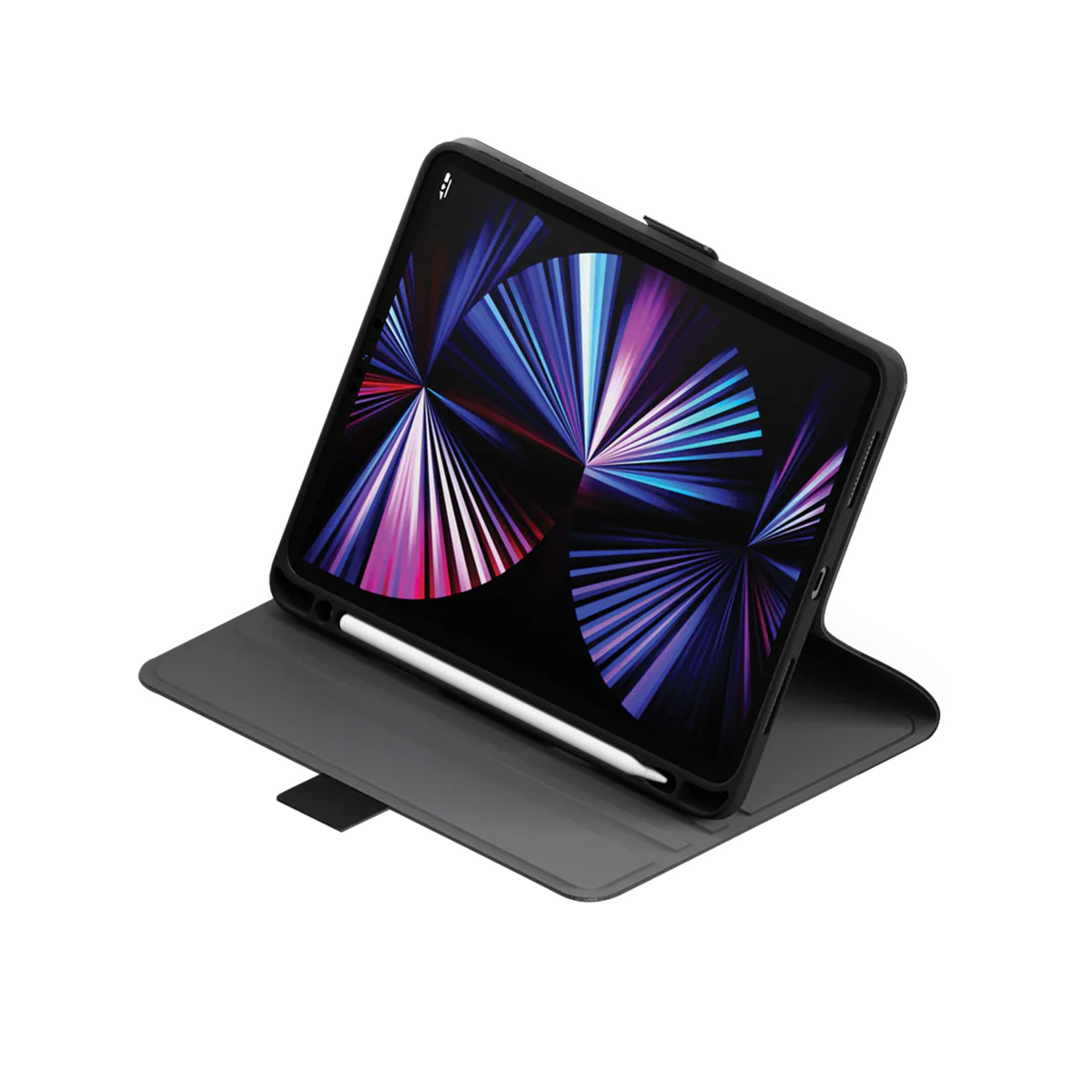 Un tablet con stilo in un supporto grigio. Lo schermo mostra un motivo colorato.