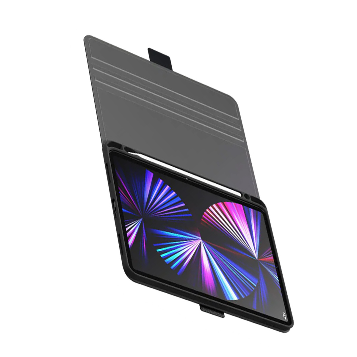 Un tablet grigio con stilo e cover aperta, che mostra uno sfondo colorato.