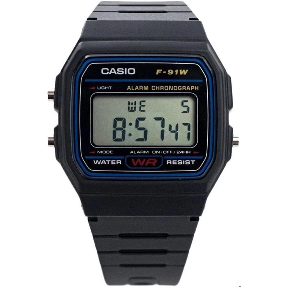 Reloj Casio F-91W digital negro con bisel azul y pantalla digital.