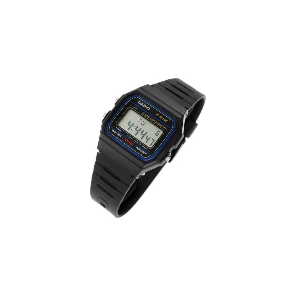 Reloj digital Casio F-91W negro con pantalla azul y correa negra.