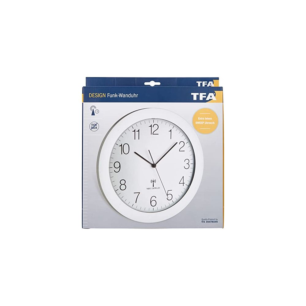 Une horloge murale TFA blanche avec chiffres et aiguilles noirs sur cadran blanc.