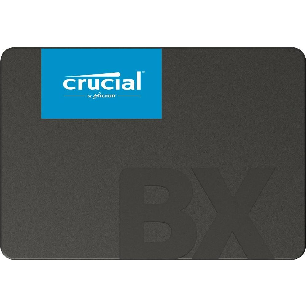 Schwarze SSD mit blauem Crucial-Logo oben links und "BX"-Schriftzug.