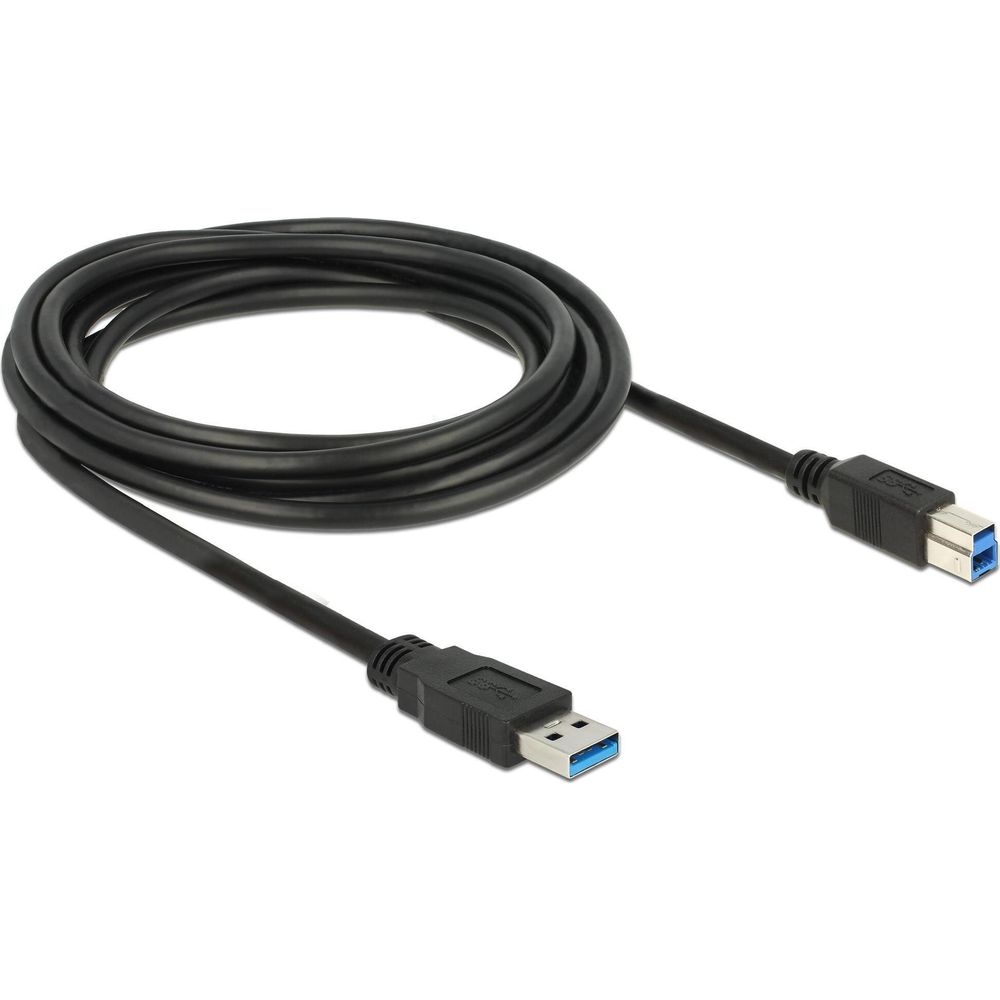 Un câble USB 3.0 noir avec connecteurs bleus, sur fond blanc.