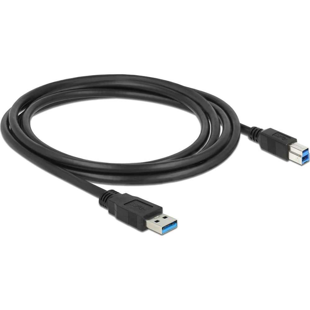 A coiled black USB cable with two connectors on a white background.
