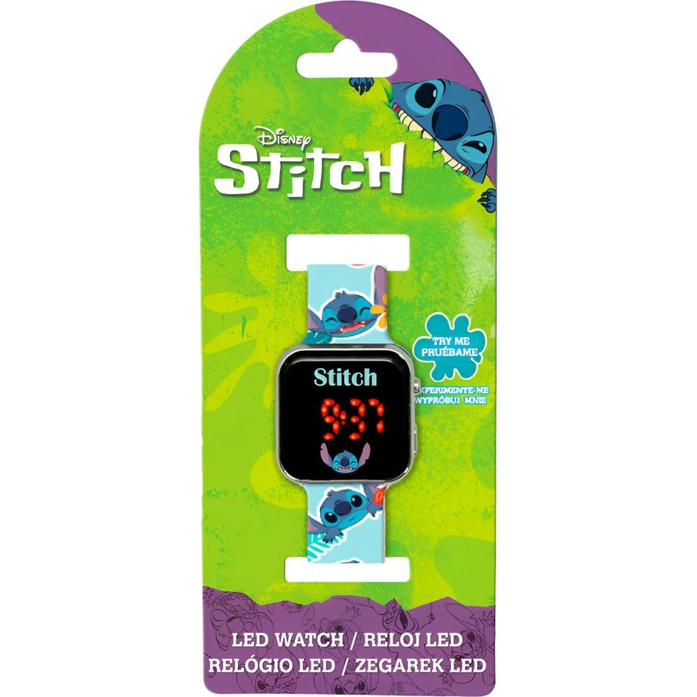 Eine Disney Stitch LED-Uhr mit Stitch-Motiv auf dem Band und Display.