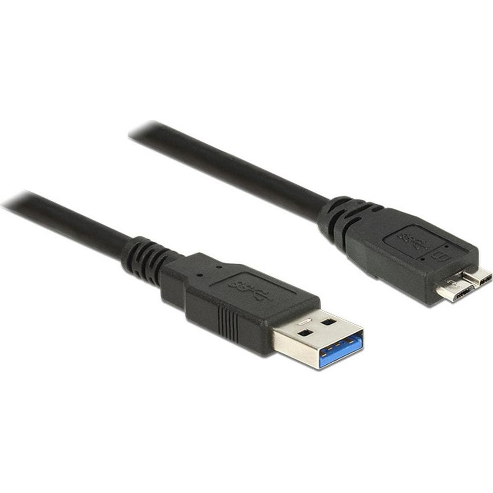 Câble USB noir avec connecteurs Type-A et Micro-USB, sur fond blanc.