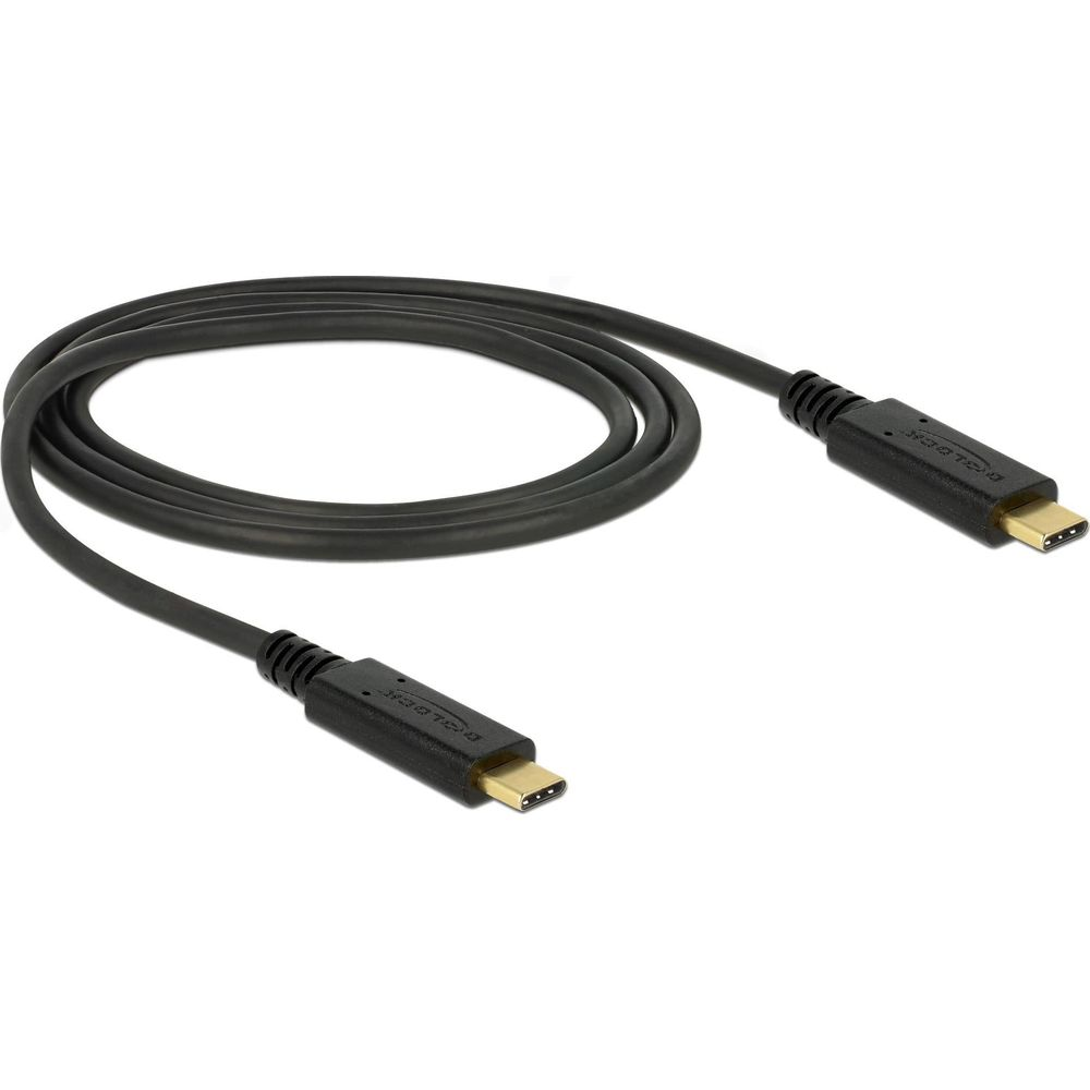 Un câble USB-C noir avec deux connecteurs sur fond blanc.