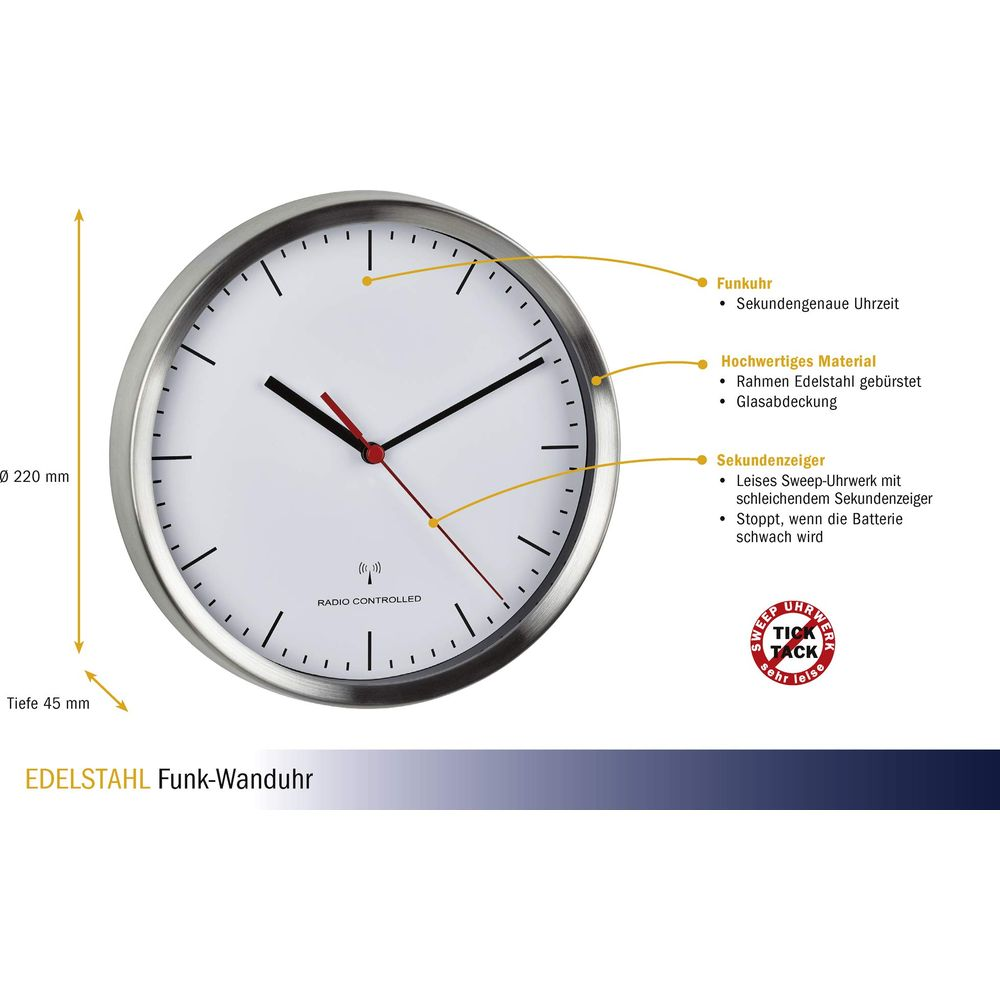 Eine Wanduhr aus Edelstahl mit weißem Zifferblatt und schwarzen Zeigern.