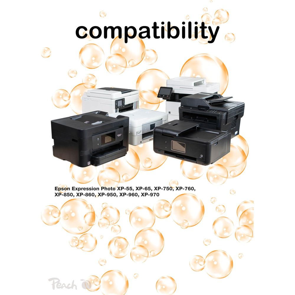 Kilka drukarek Epson z tekstem kompatybilność i bąbelki.