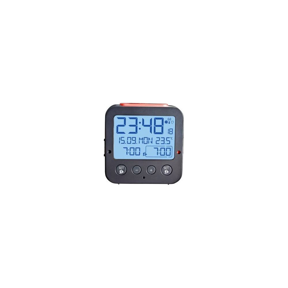 Digitaler Wecker zeigt 23:48, 15.09. MON, 23.5°C, 7:00, 7:00.