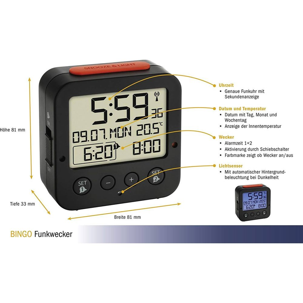 Digitaluhr mit Datum, Temperatur und Alarmfunktion. Maße: 81x81x33mm.