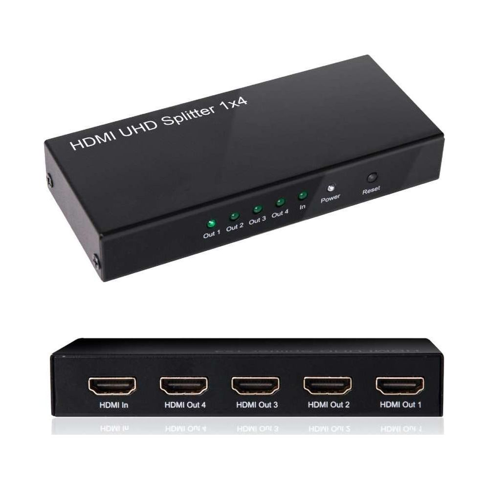 Divisor HDMI UHD 1x4 negro con 5 puertos frontales y LEDs indicadores.
