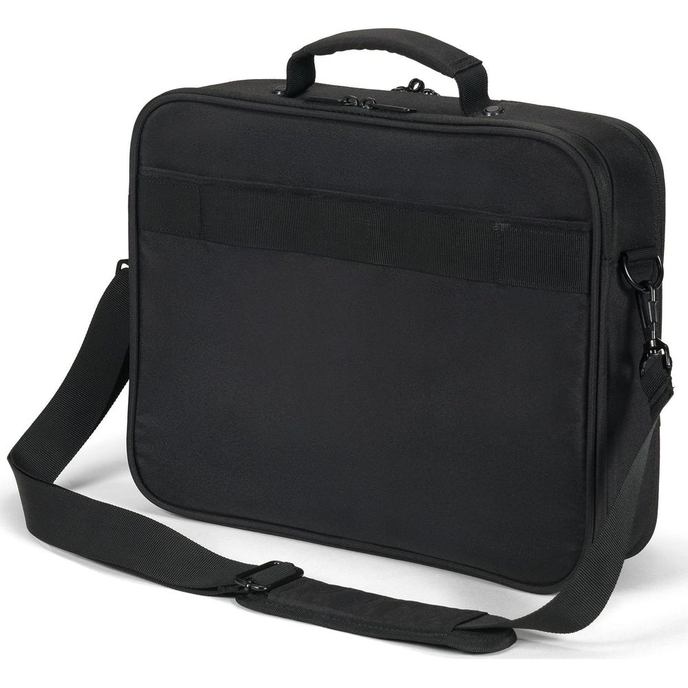Borsa nera per laptop con manico e tracolla, con fascia frontale.