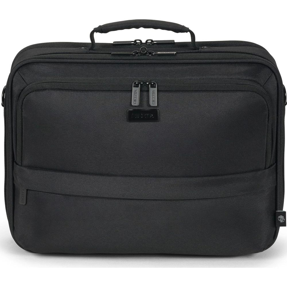 Borsa nera per laptop con manico, cerniere e logo.