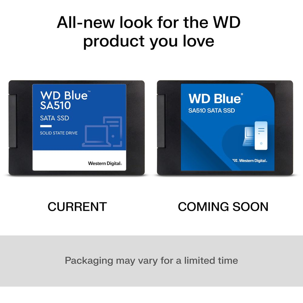 Dwa dyski SSD WD Blue SA510, lewy obecny, prawy nowy. Opakowanie może się różnić.