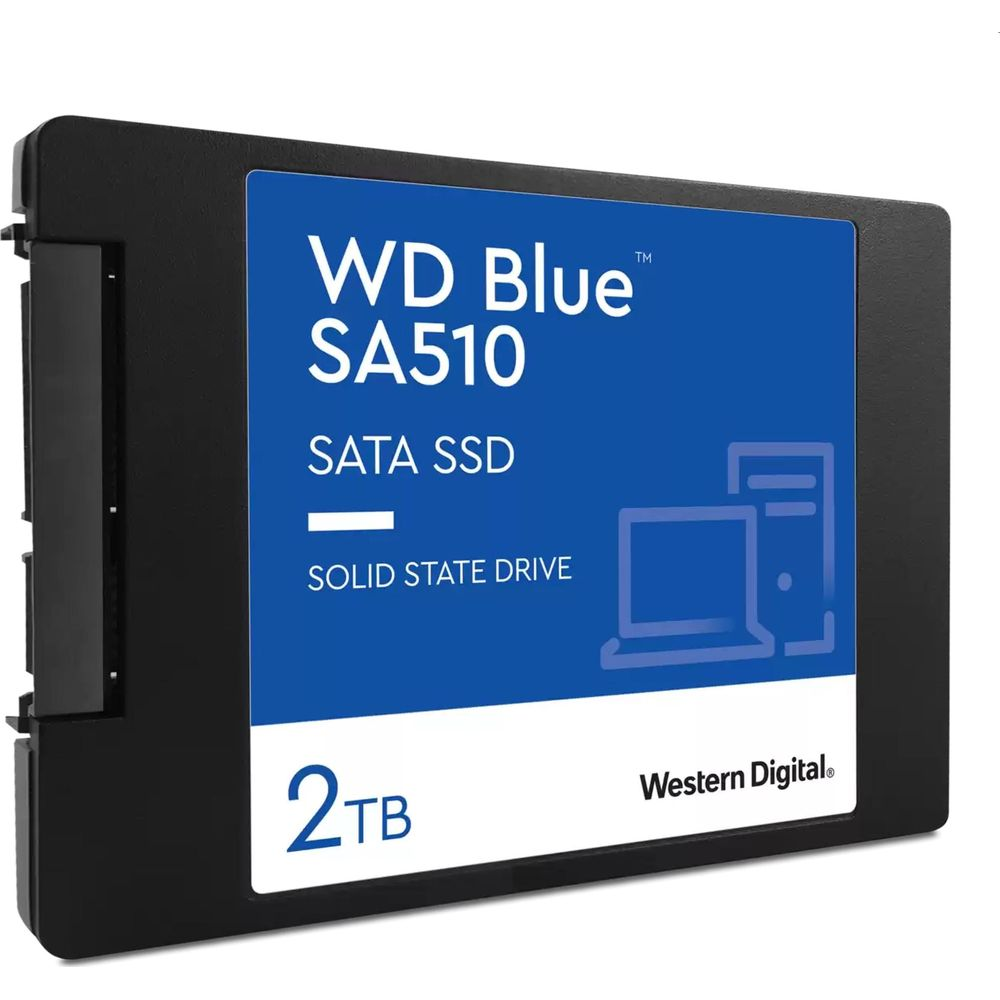 Czarny WD Blue SA510 2TB SATA SSD z niebieską etykietą i ikoną komputera.