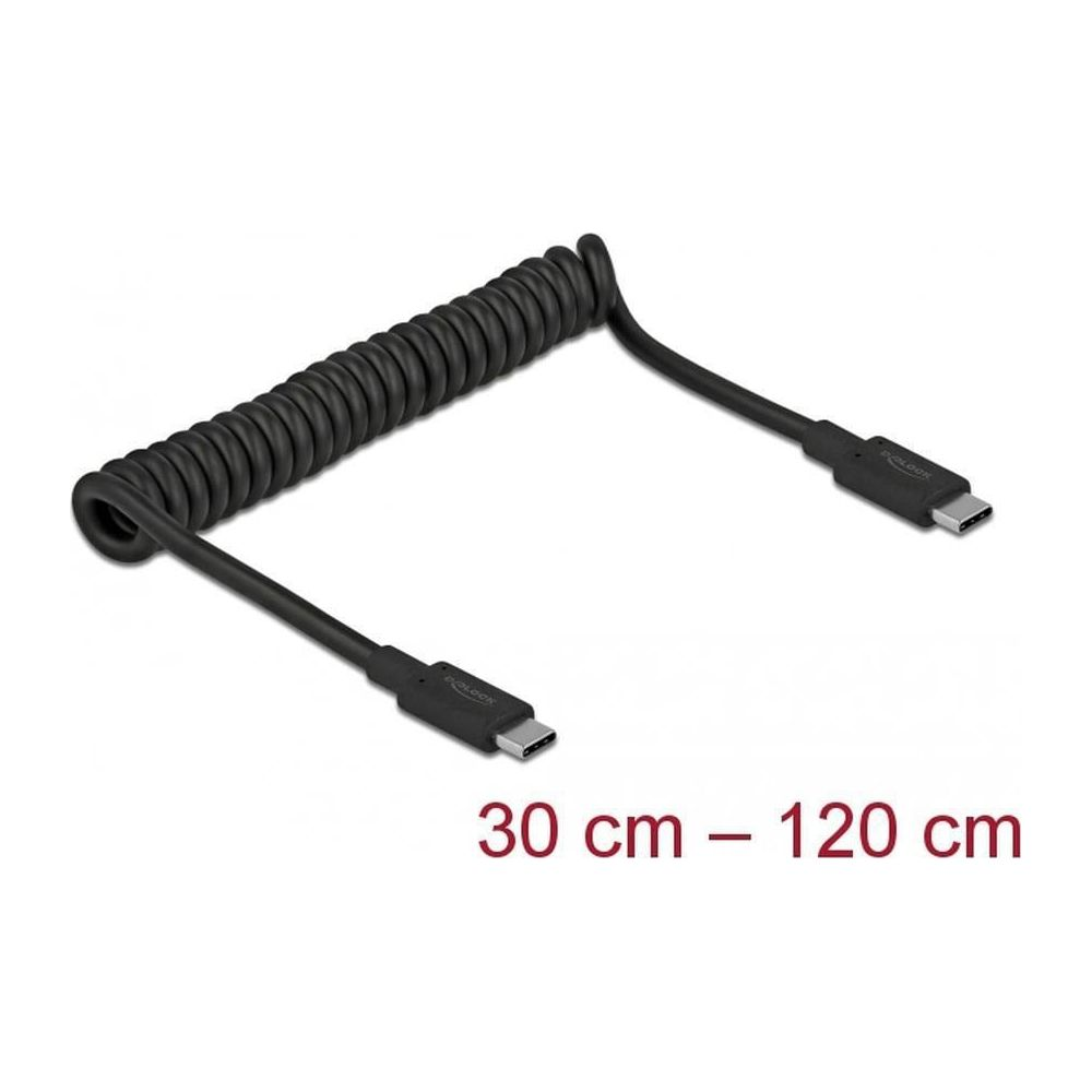 Schwarzes Spiralkabel mit USB-C-Anschlüssen, 30-120 cm.