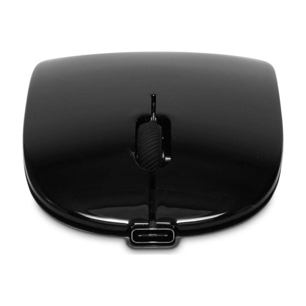 Czarna mysz komputerowa z kółkiem przewijania i portem USB-C, zbliżenie.