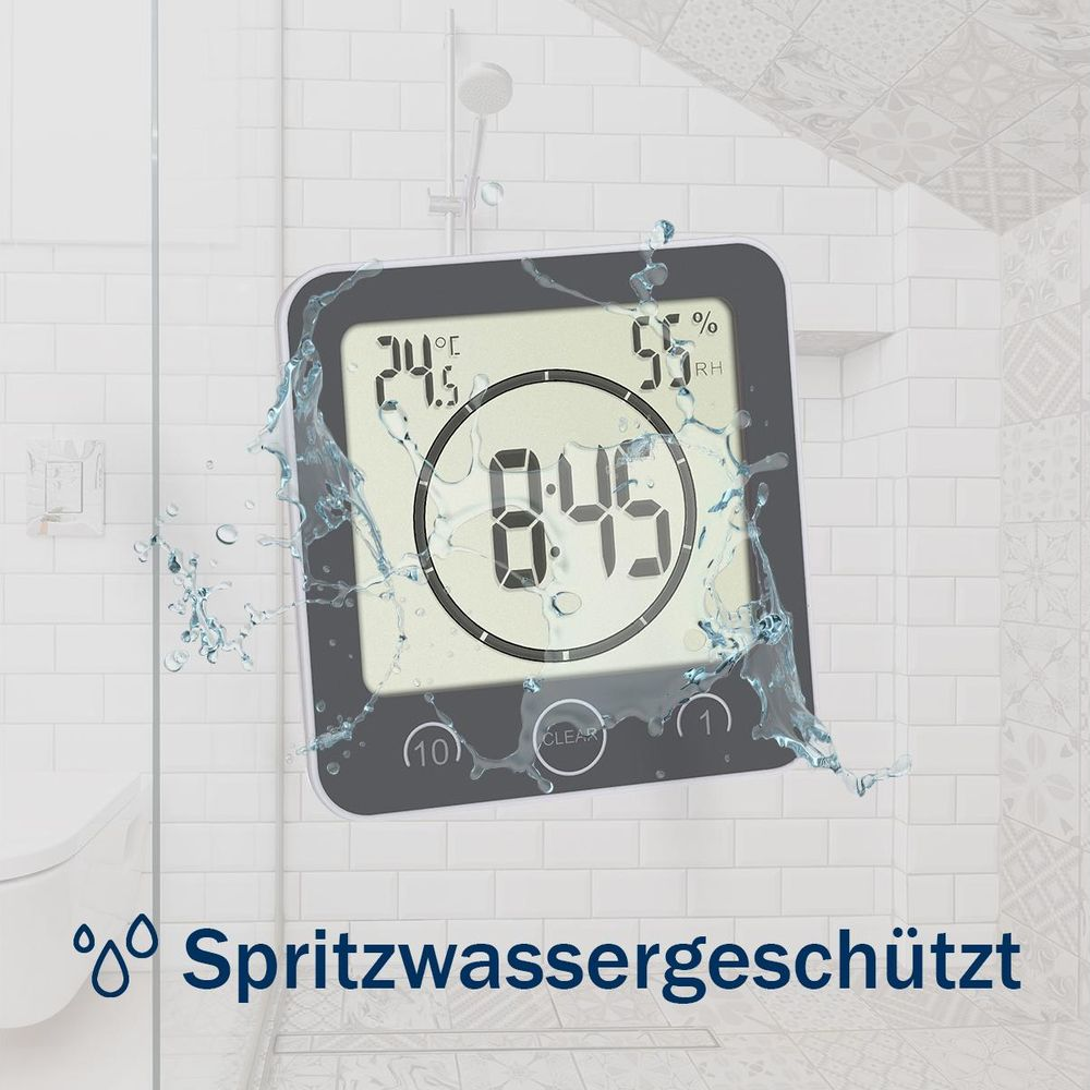 Ein spritzwassergeschütztes Duschradio zeigt 24,5°C, 55% RH und 8:45 an.