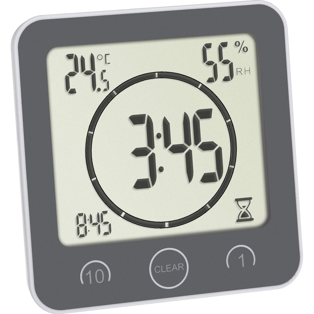 Digitaluhr zeigt 24,5°C, 55% RH, 3:45 und 0:45 an.