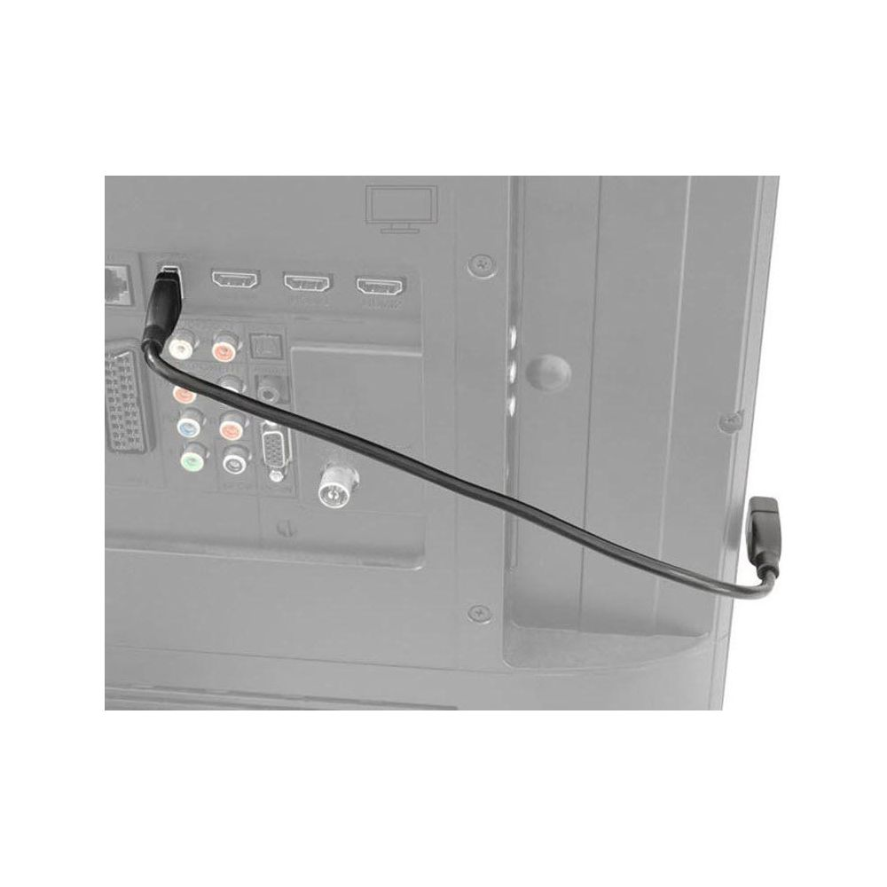 Un câble HDMI noir se connecte à l'arrière d'un téléviseur avec divers ports.