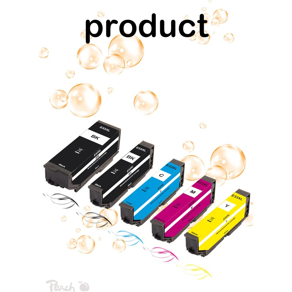 Pięć wkładów atramentowych: czarny, czarny, cyjan, magenta, żółty, z bańkami.